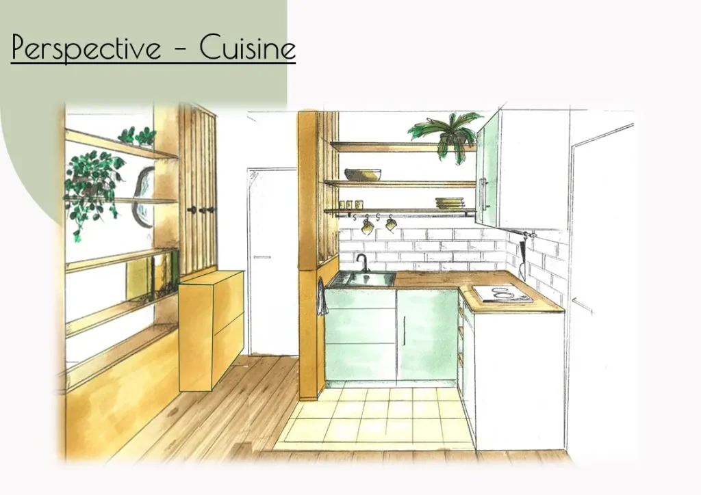 Perspective cuisine sous comble dans studio de 20 m² - Conception