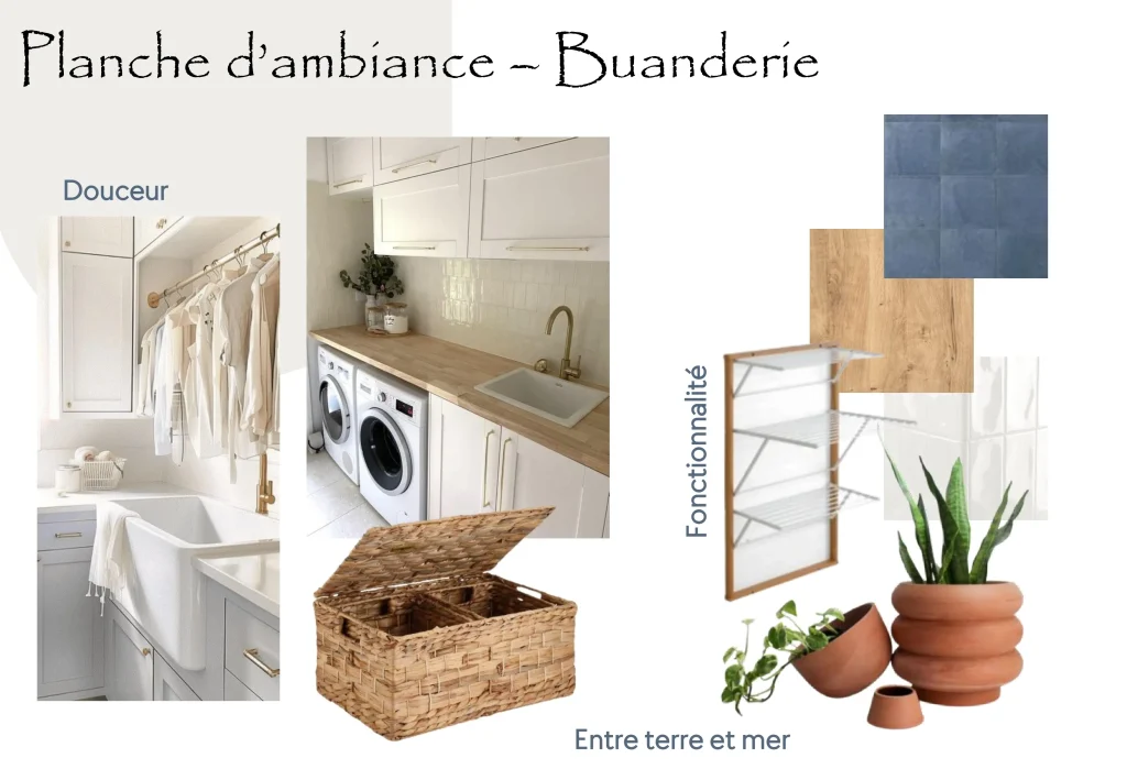 Planche d'ambiance Buanderie - Matériaux, mobilier et décoration - Conception