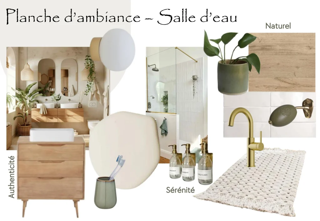 Planche d'ambiance Salle d'eau - Matériaux, mobilier et décoration - Conception